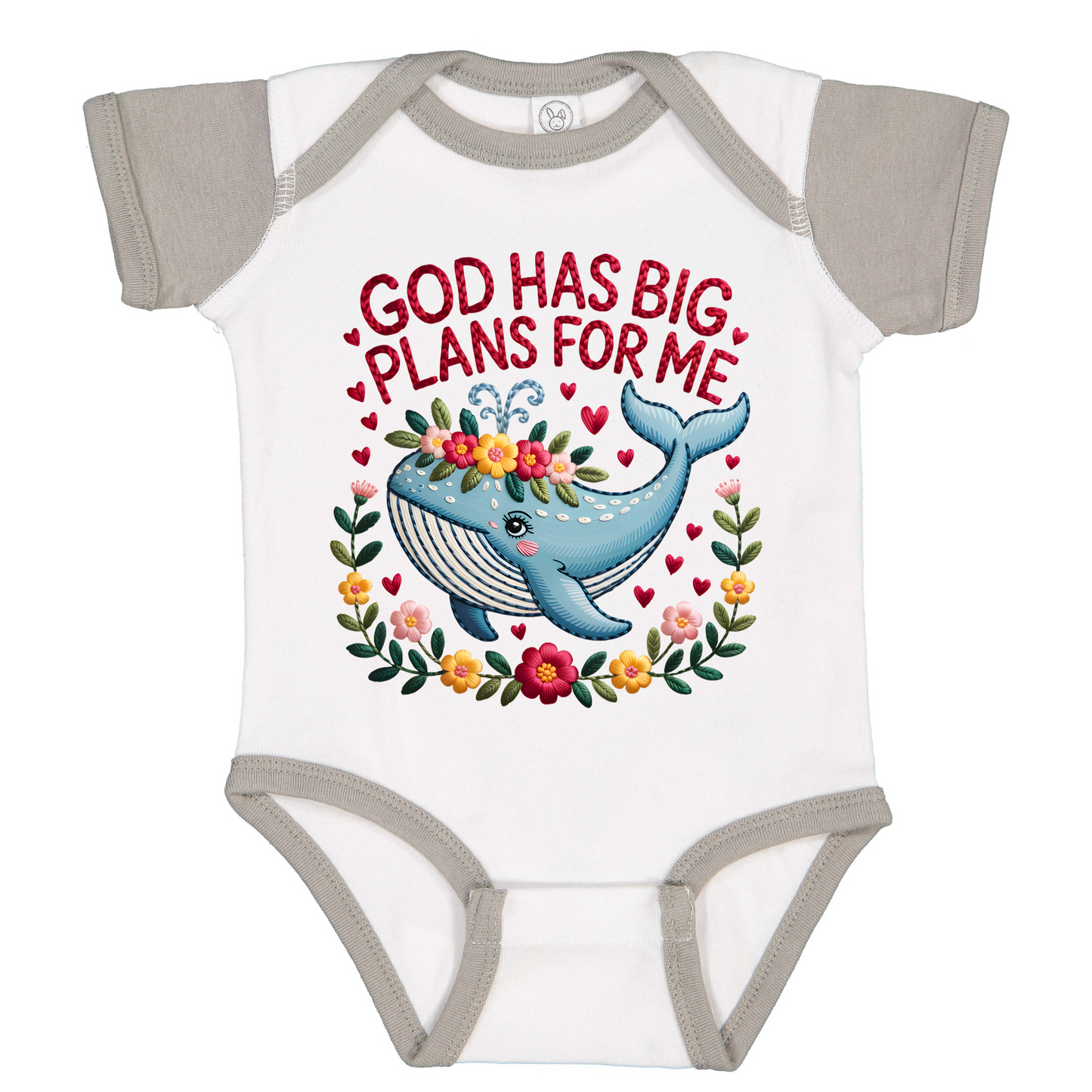 Sweet Whale Bodysuit, Floral Wreath, Faux Stitched Bible Verse Design