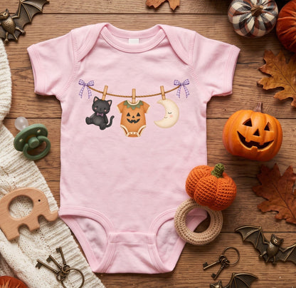 Halloween Black Cat and Pumpkin Infant One-Piece, spooky season baby outfit, cozy gift, unisex, NB-18M