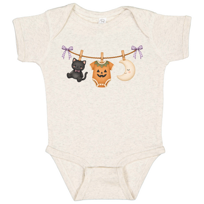 Halloween Black Cat and Pumpkin Infant One-Piece, spooky season baby outfit, cozy gift, unisex, NB-18M