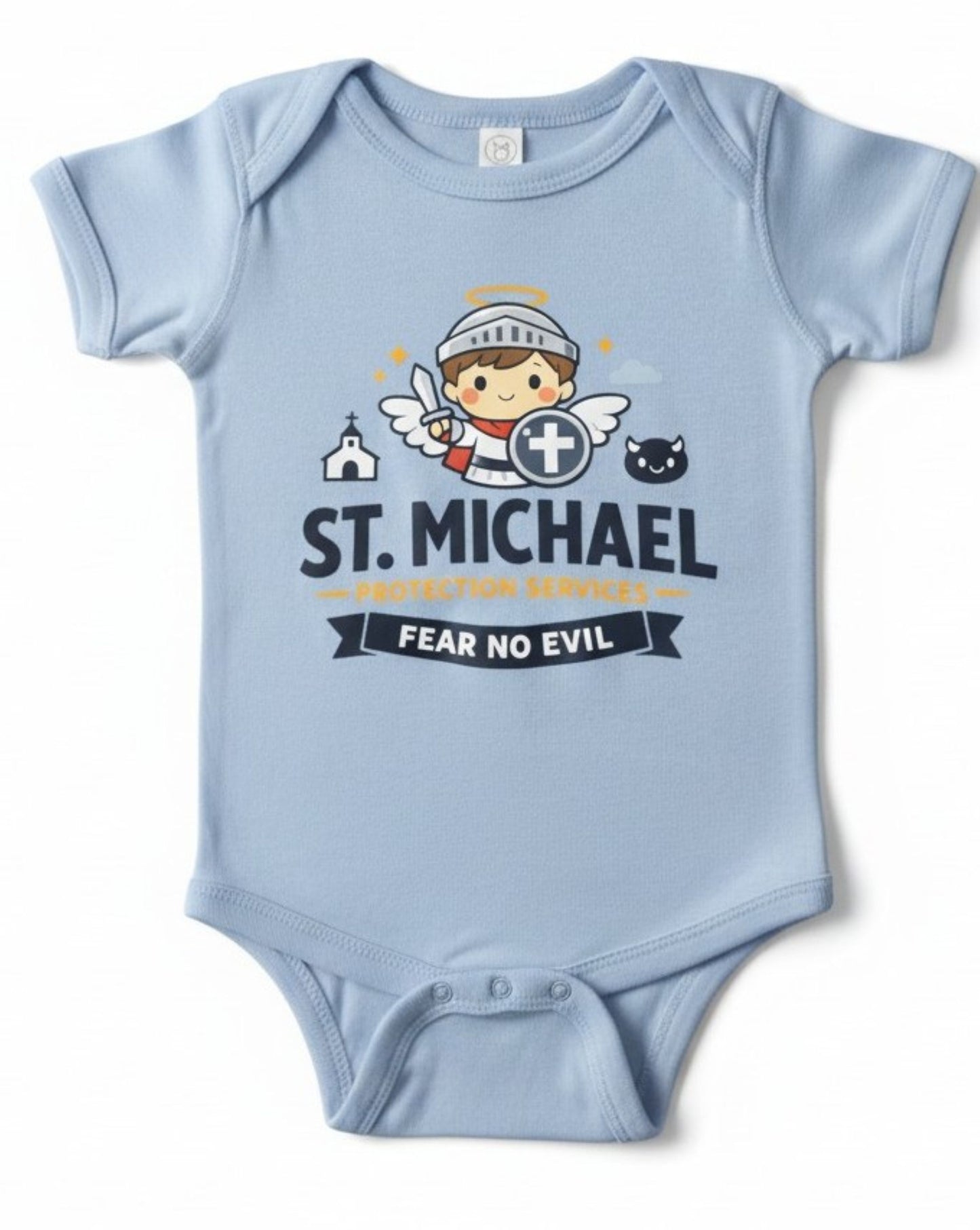 St. Michael Baby Onesie, Catholic Infant Bodysuit, Fear No Evil Protection Services