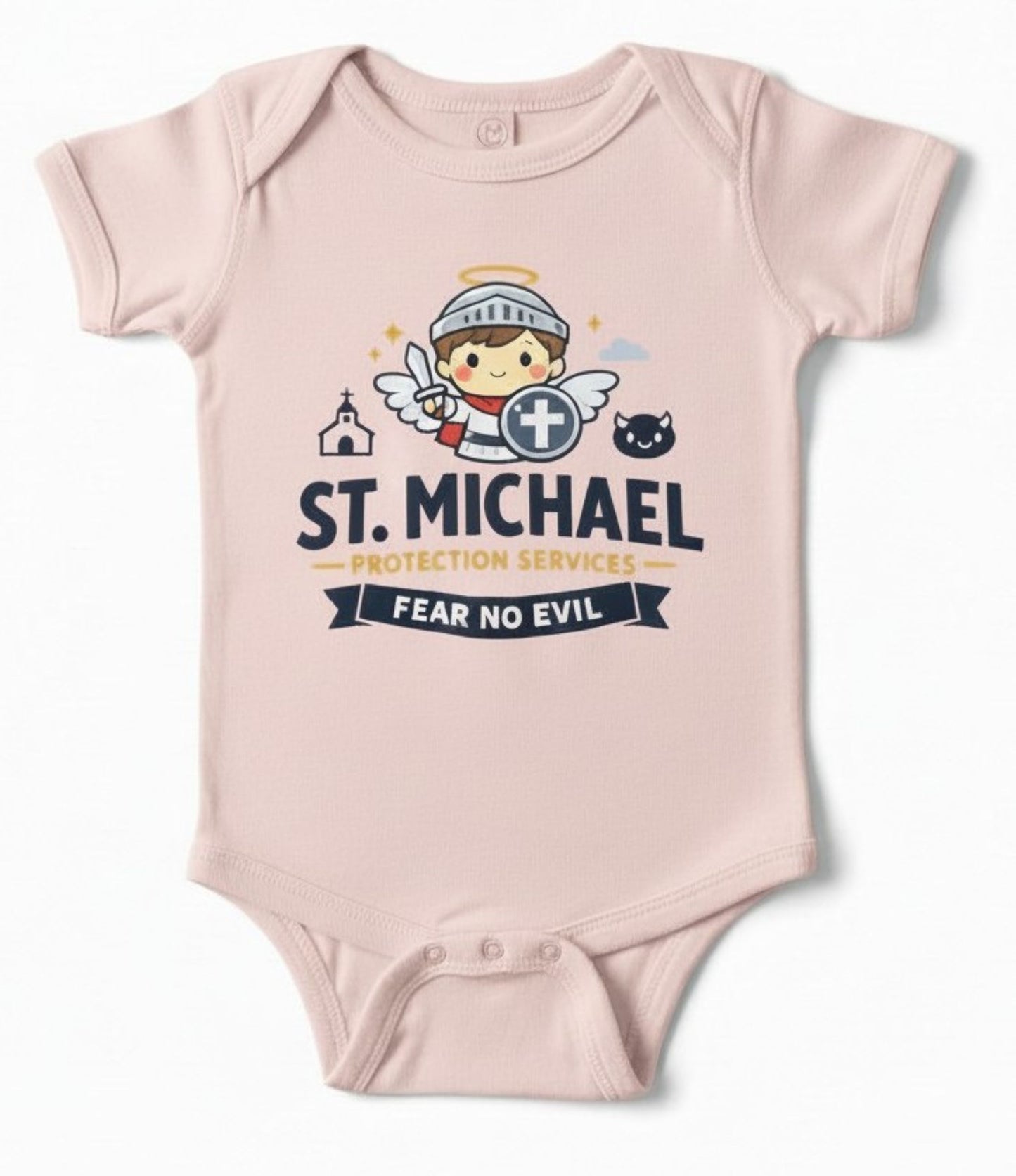 St. Michael Baby Onesie, Catholic Infant Bodysuit, Fear No Evil Protection Services
