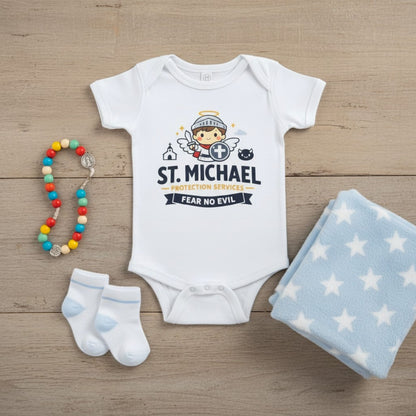 St. Michael Baby Onesie, Catholic Infant Bodysuit, Fear No Evil Protection Services