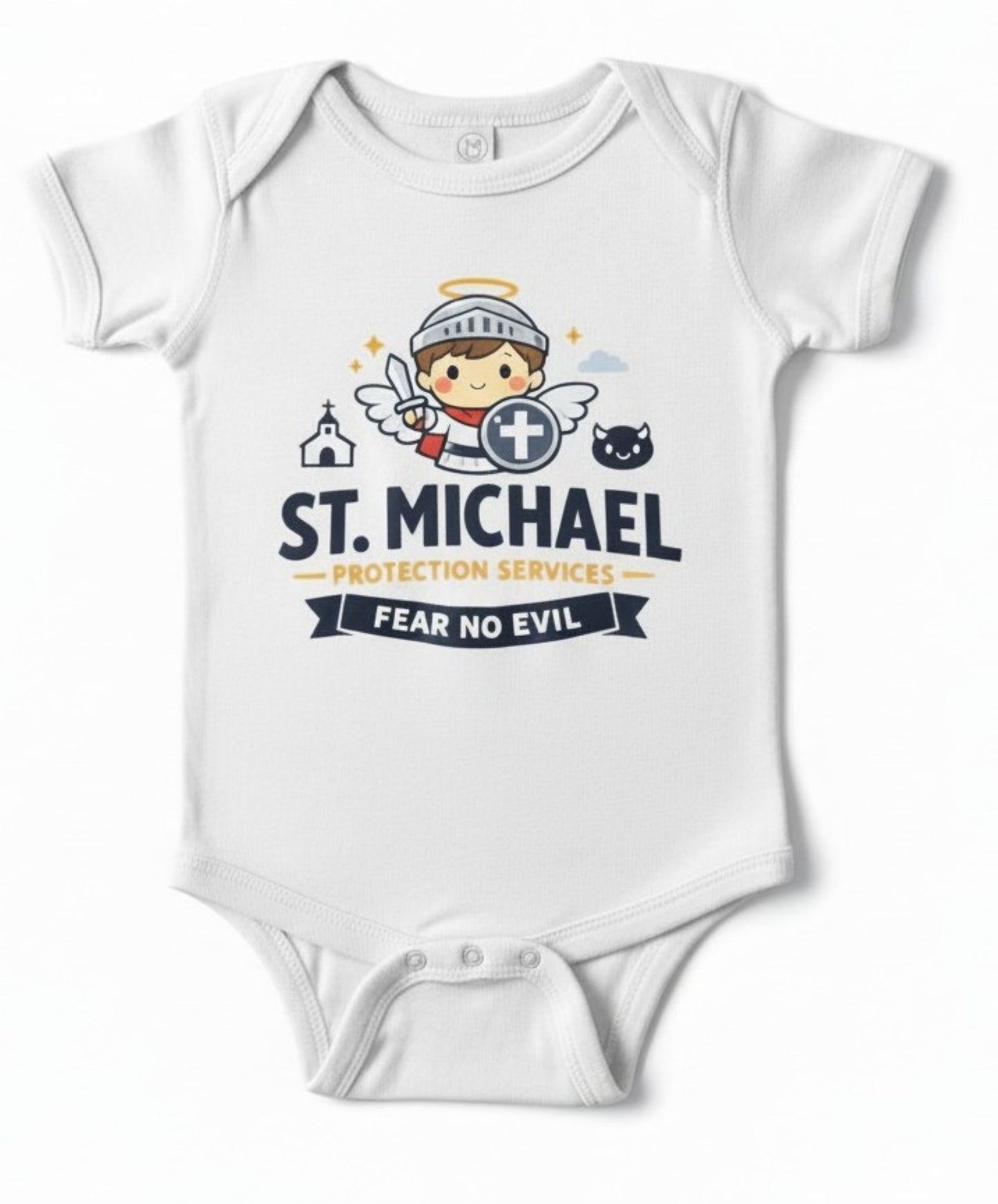 St. Michael Baby Onesie, Catholic Infant Bodysuit, Fear No Evil Protection Services