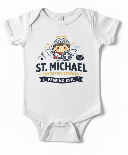 St. Michael Baby Onesie, Catholic Infant Bodysuit, Fear No Evil Protection Services