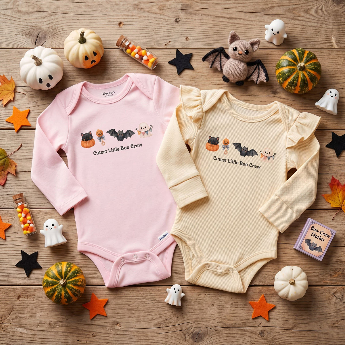 Halloween Little Boo Crew Bodysuit, Cat Pumpkin Bat Ghost Infant Clothing