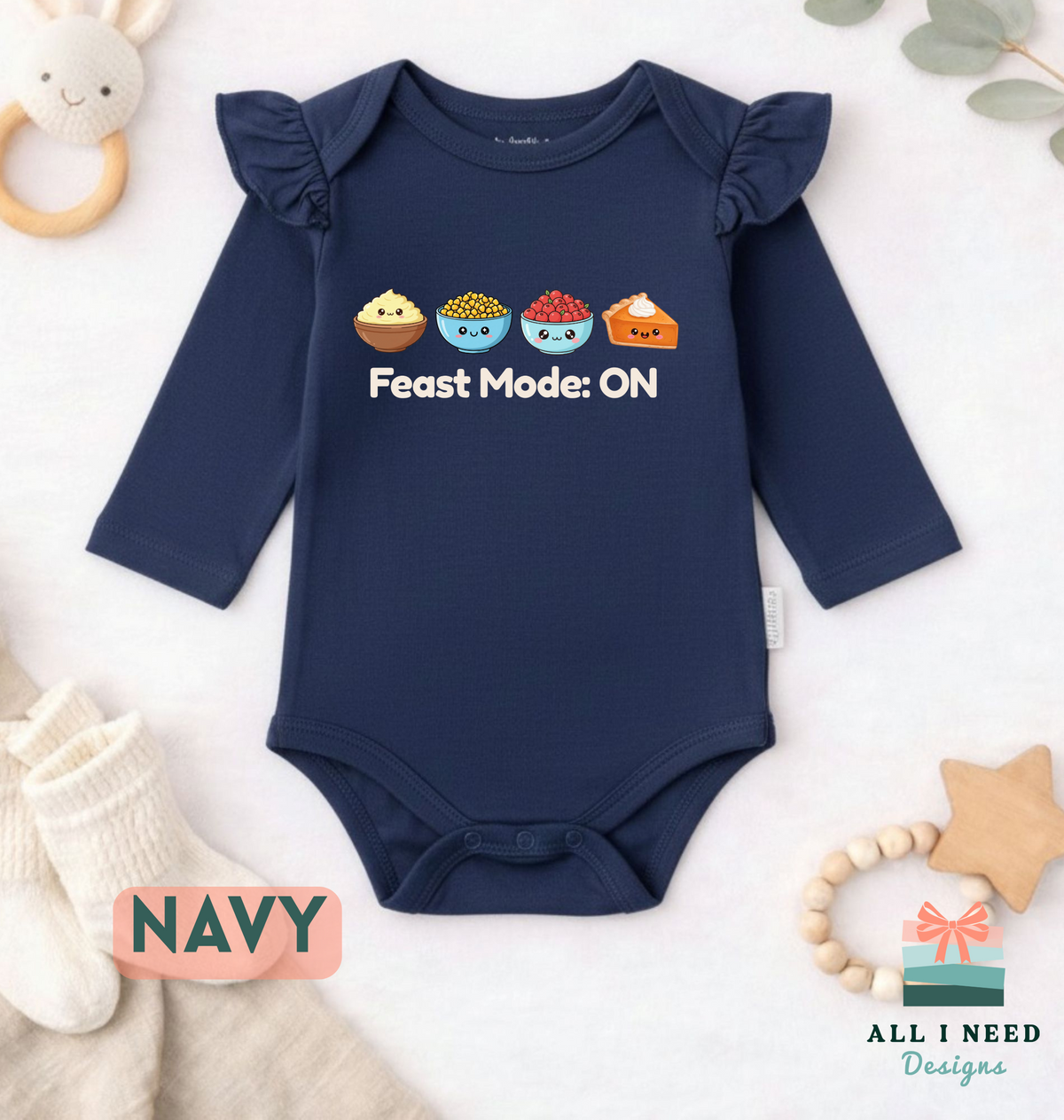 First Thanksgiving Baby Feast Mode Outfit, Food Print Bodysuit, Long Sleeve Option