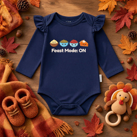 First Thanksgiving Baby Feast Mode Outfit, Food Print Bodysuit, Long Sleeve Option
