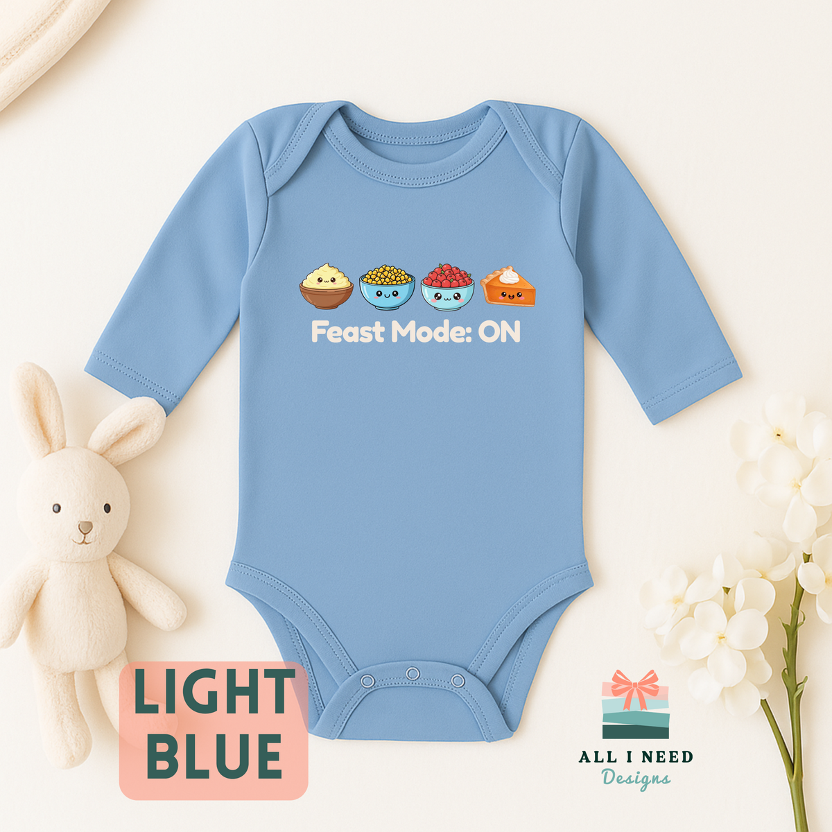 First Thanksgiving Baby Feast Mode Outfit, Food Print Bodysuit, Long Sleeve Option
