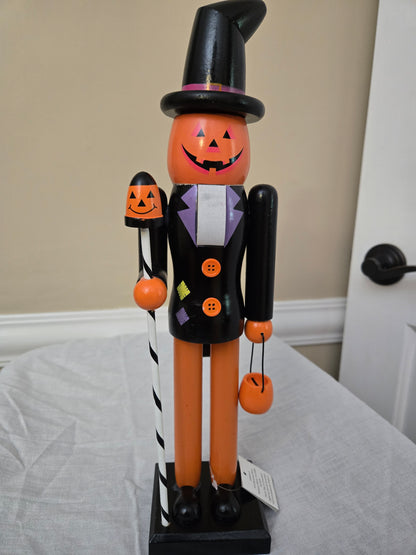Witch Hat Pumpkin Figurine for Home, Halloween Nutcracker, Orange and Black Decor