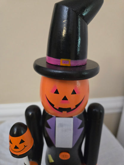 Witch Hat Pumpkin Figurine for Home, Halloween Nutcracker, Orange and Black Decor