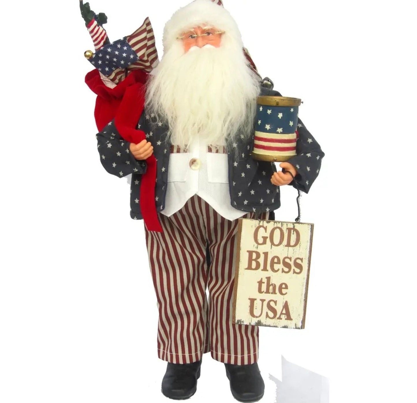 God Bless the USA Patriotic Santa Statue, 18-inch figurine, Independence Day home decor, Americana stars and stripes, mantle display