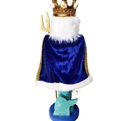 Wooden King Neptune Nutcracker, 14-inch Coastal Holiday Decoration, Sea King Trident
