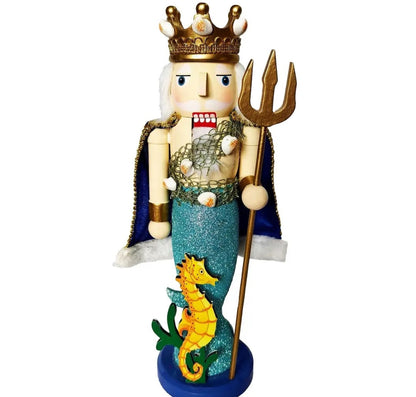 Wooden King Neptune Nutcracker, 14-inch Coastal Holiday Decoration, Sea King Trident