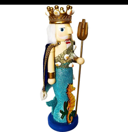Wooden King Neptune Nutcracker, 14-inch Coastal Holiday Decoration, Sea King Trident