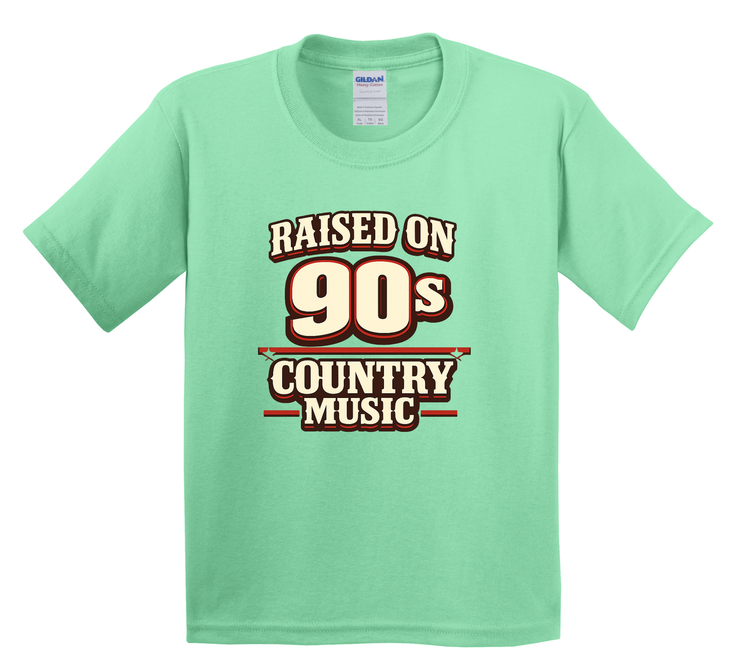 Light green t-shirt with 'Raised on 90s Country Music' text design on a white background