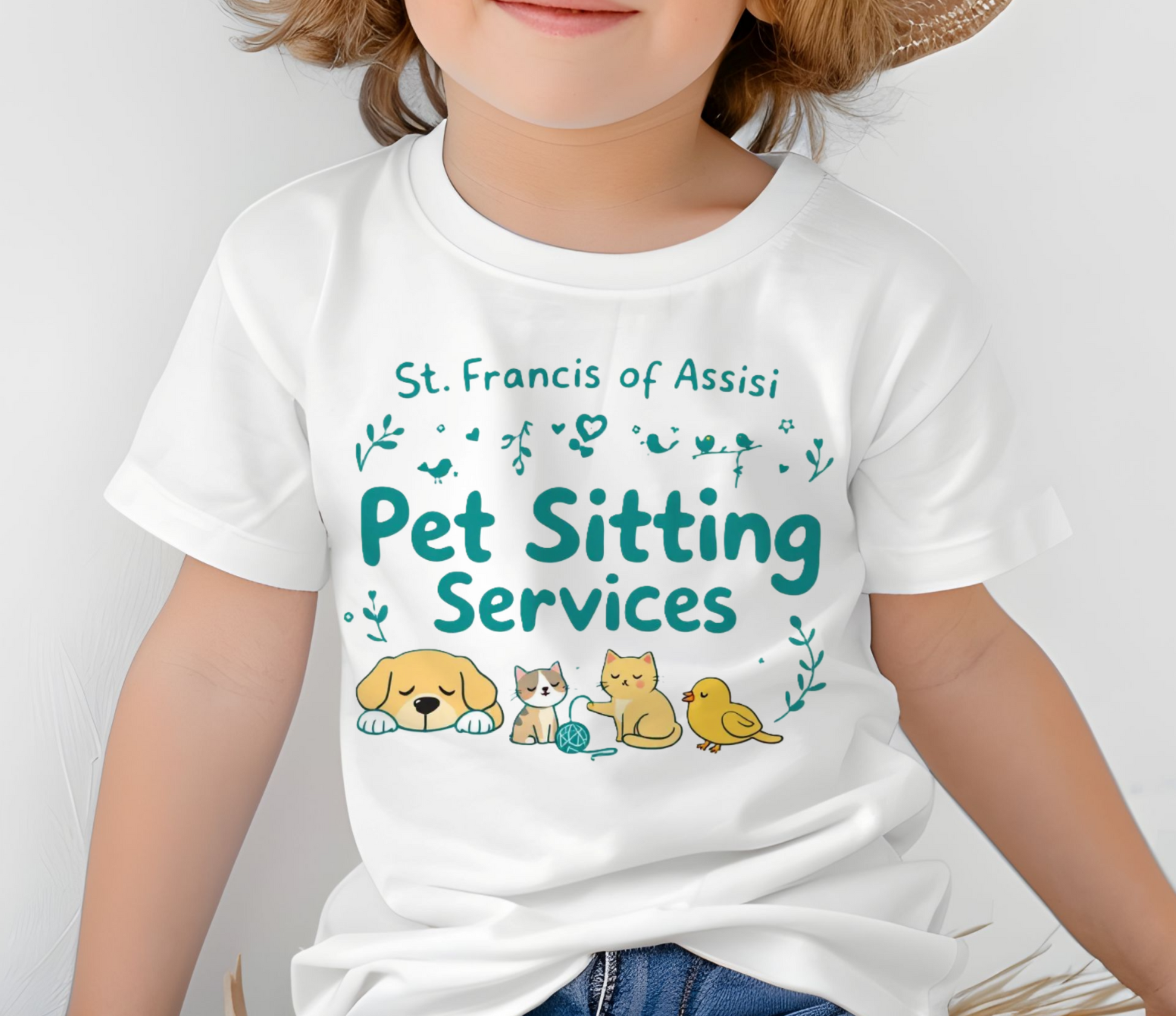 A child wearing a white graphic T-shirt with teal text reading 'St. Francis of Assisi Pet Sitting Services' and cartoon illustrations of a dog, cat, kitten, and bird.