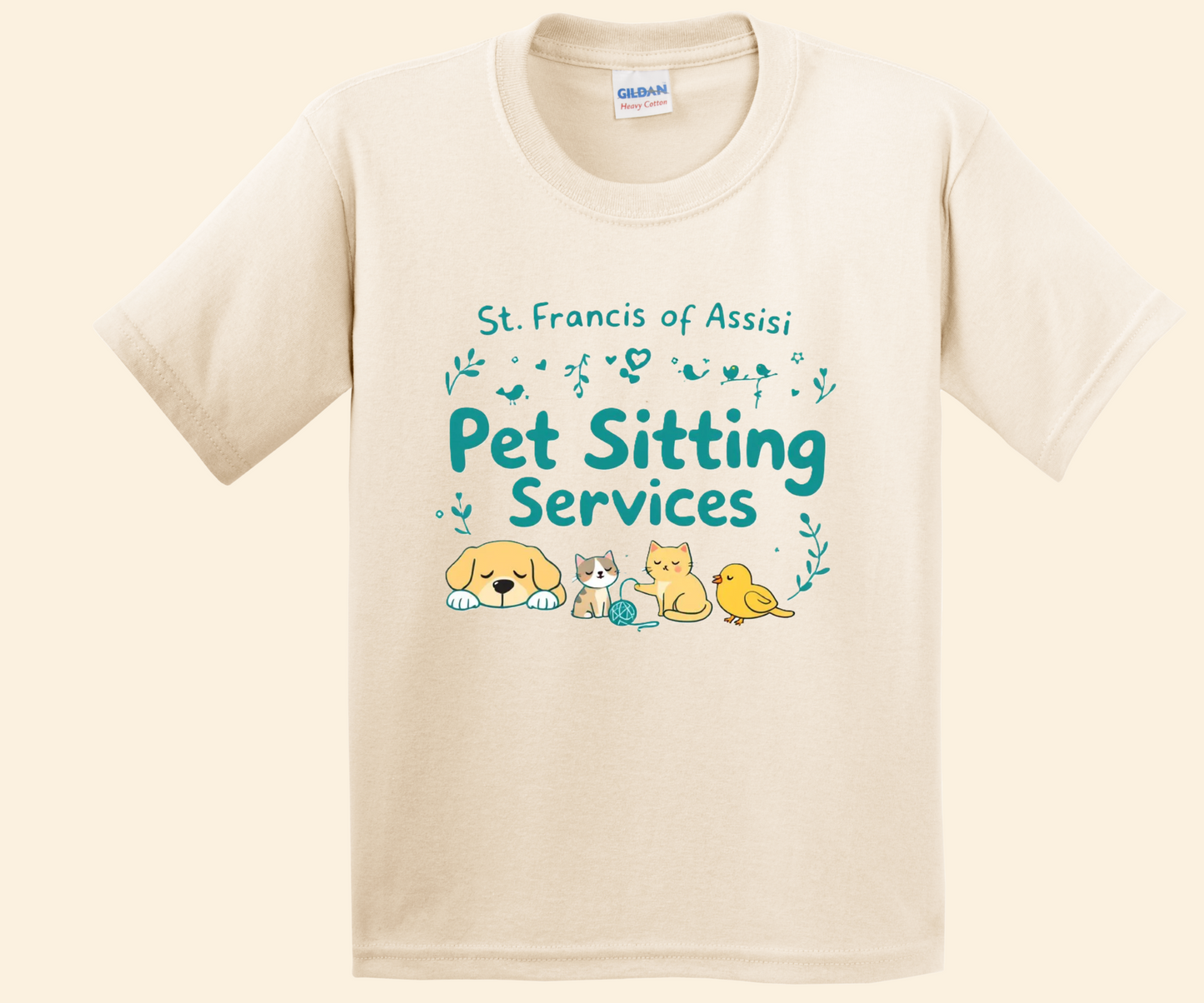 Pet Sitting Services Kids Graphic Shirt, St Francis theme, unisex toddler to youth sizes, cute animals, Catholic gift idea