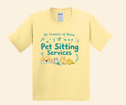 Pet Sitting Services Kids Graphic Shirt, St Francis theme, unisex toddler to youth sizes, cute animals, Catholic gift idea