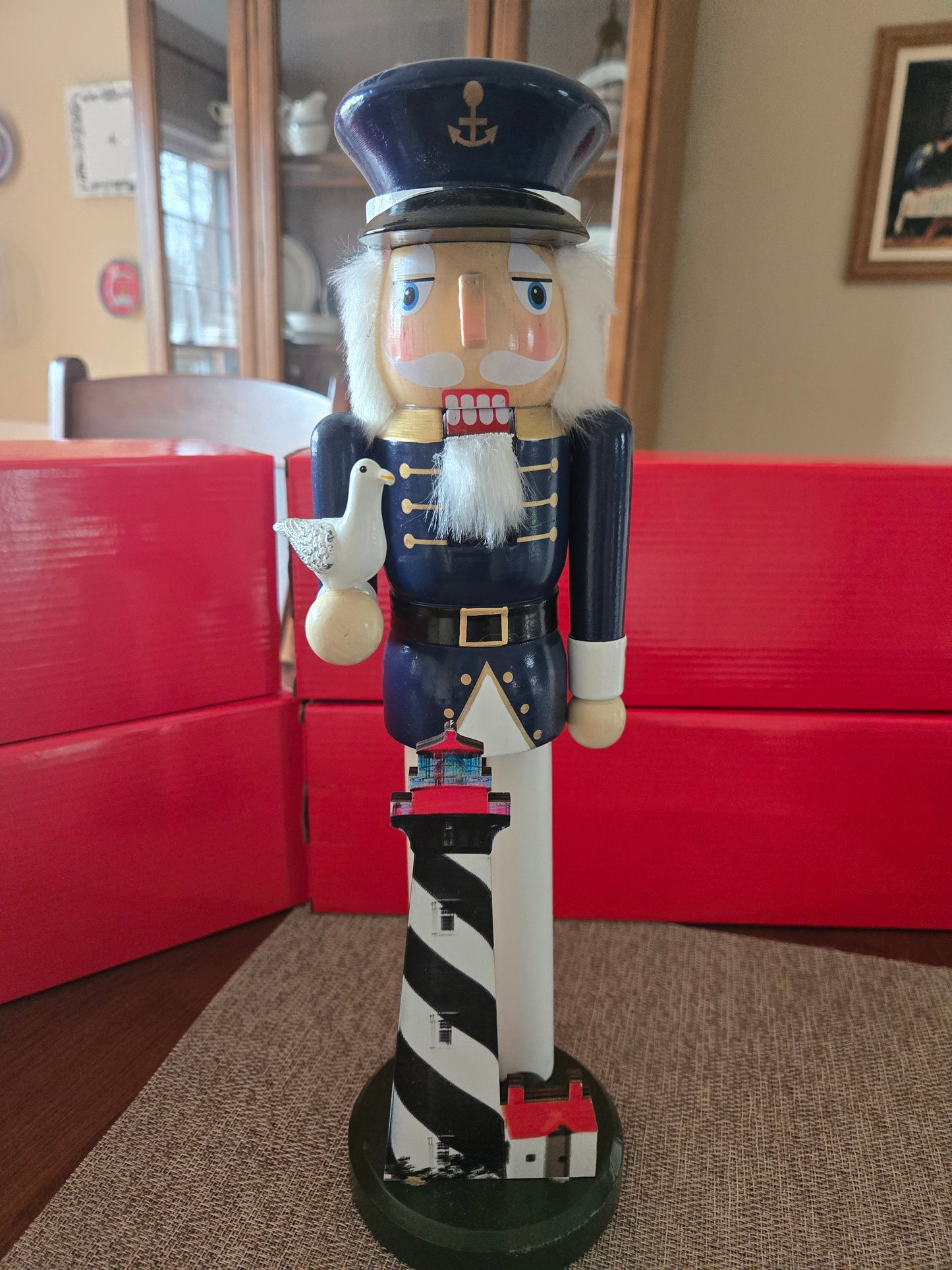 Nautical Lighthouse Keeper Nutcracker, Navy White Wood Christmas Decor, Seaside Accent