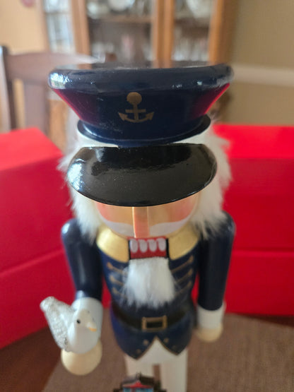 Nautical Lighthouse Keeper Nutcracker, Navy White Wood Christmas Decor, Seaside Accent