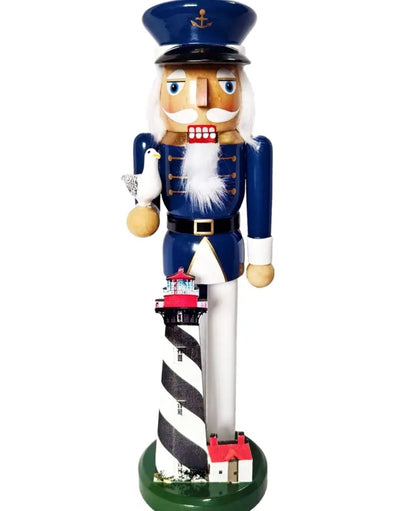 Nautical Lighthouse Keeper Nutcracker, Navy White Wood Christmas Decor, Seaside Accent