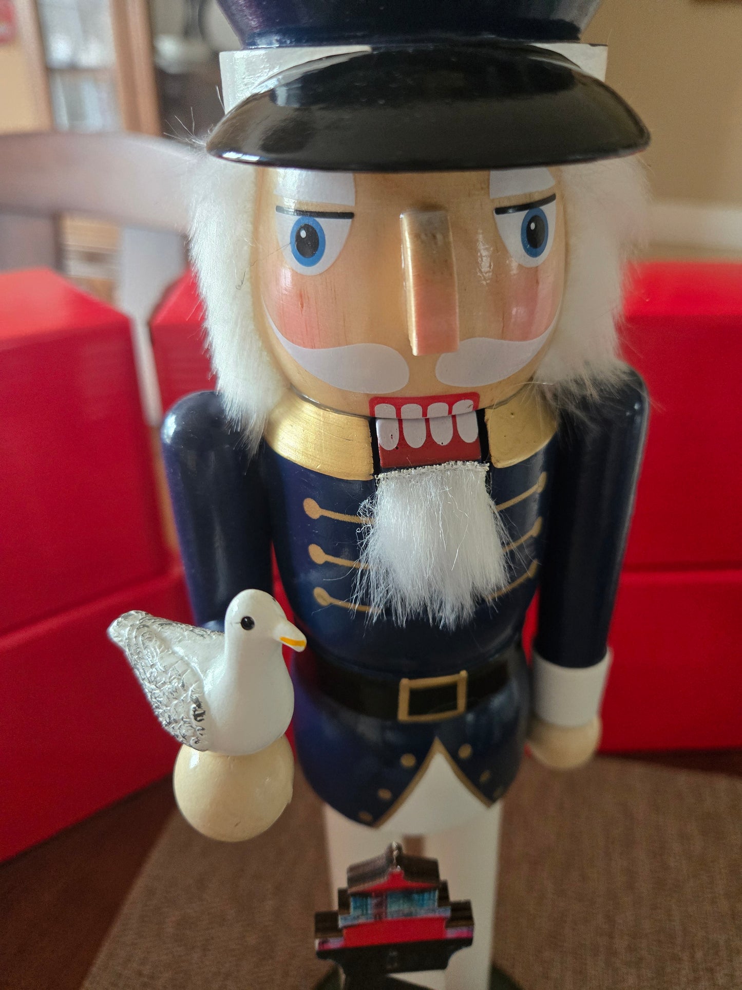 Nautical Lighthouse Keeper Nutcracker, Navy White Wood Christmas Decor, Seaside Accent
