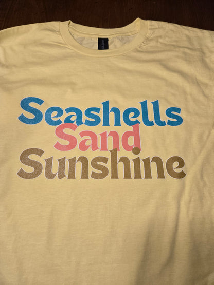 Seashells Sand Sunshine Graphic Tee, Retro Summer Beach Vacation Shirt
