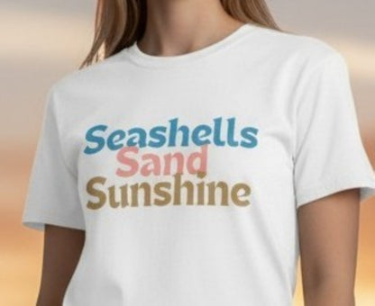 Seashells Sand Sunshine Graphic Tee, Retro Summer Beach Vacation Shirt