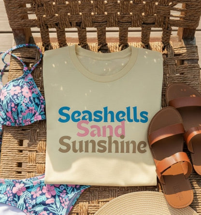 Seashells Sand Sunshine Graphic Tee, Retro Summer Beach Vacation Shirt