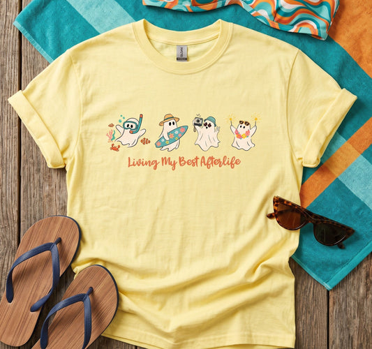 Living My Best Afterlife Summer Ghosts Tee, unisex graphic shirt, Halloween humor top
