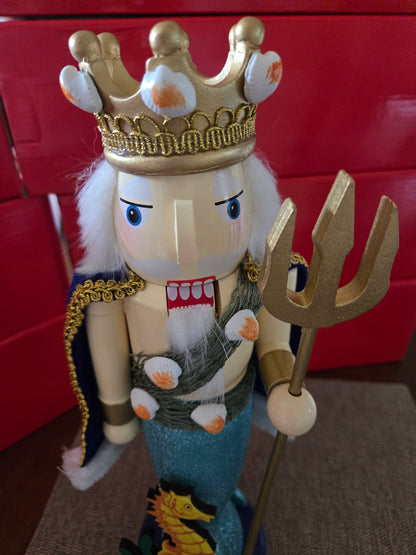 Wooden King Neptune Nutcracker, 14-inch Coastal Holiday Decoration, Sea King Trident