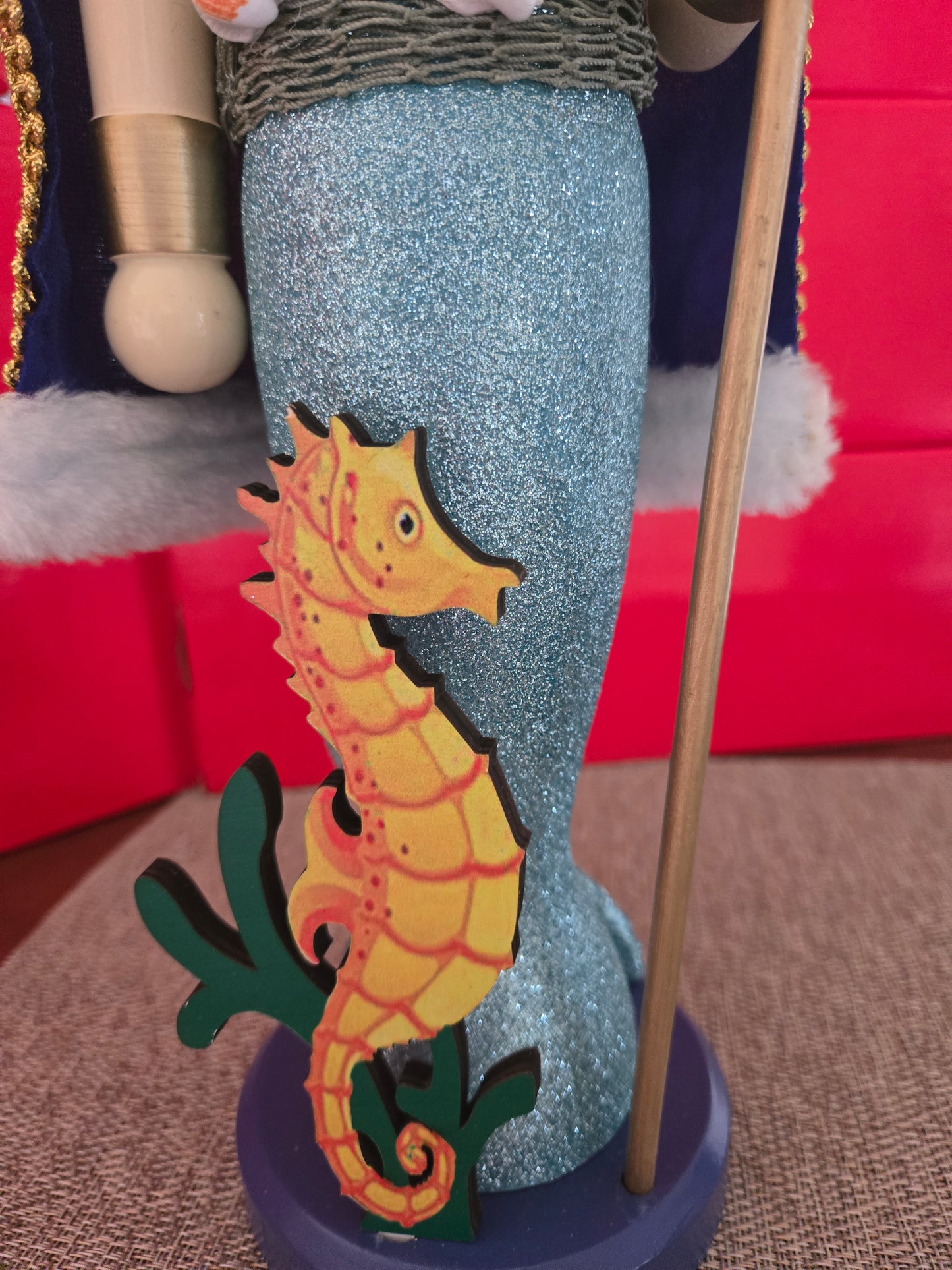 Wooden King Neptune Nutcracker, 14-inch Coastal Holiday Decoration, Sea King Trident