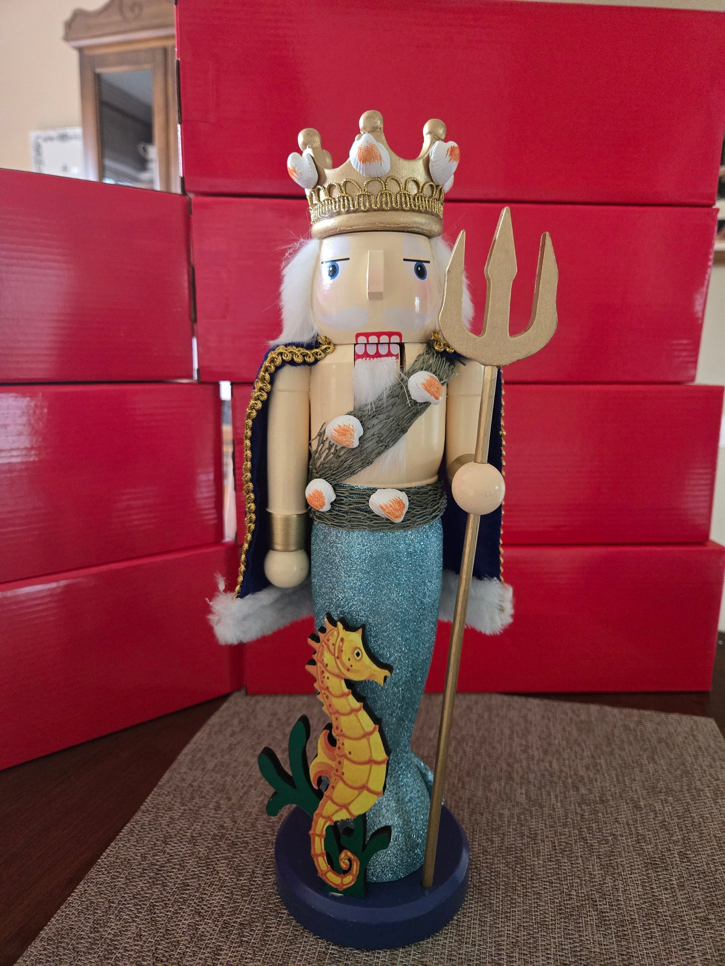 Wooden King Neptune Nutcracker, 14-inch Coastal Holiday Decoration, Sea King Trident