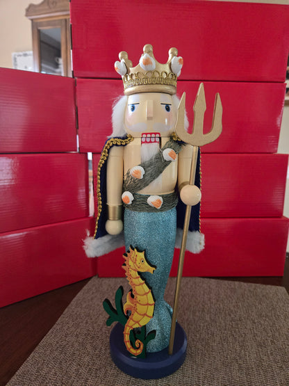 Wooden King Neptune Nutcracker, 14-inch Coastal Holiday Decoration, Sea King Trident