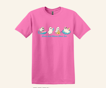 Summer Ghosts Wanna Have Sun Graphic Tee, Halloween beach shirt, unisex fit, XS–3XL, soft cotton blend, funny spooky summer