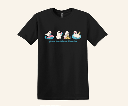 Summer Ghosts Wanna Have Sun Graphic Tee, Halloween beach shirt, unisex fit, XS–3XL, soft cotton blend, funny spooky summer
