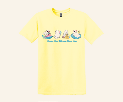 Summer Ghosts Wanna Have Sun Graphic Tee, Halloween beach shirt, unisex fit, XS–3XL, soft cotton blend, funny spooky summer