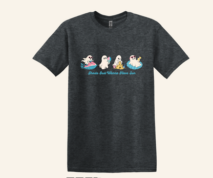 Summer Ghosts Wanna Have Sun Graphic Tee, Halloween beach shirt, unisex fit, XS–3XL, soft cotton blend, funny spooky summer