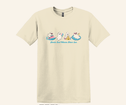Summer Ghosts Wanna Have Sun Graphic Tee, Halloween beach shirt, unisex fit, XS–3XL, soft cotton blend, funny spooky summer
