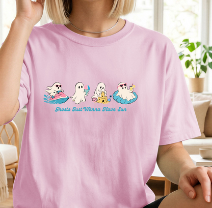 Summer Ghosts Wanna Have Sun Graphic Tee, Halloween beach shirt, unisex fit, XS–3XL, soft cotton blend, funny spooky summer