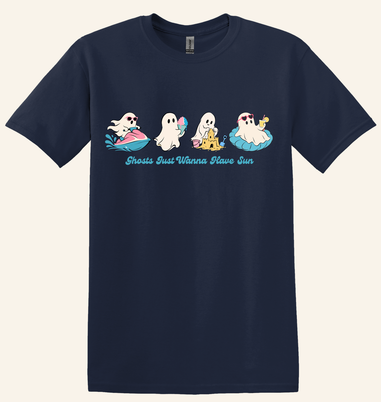 Summer Ghosts Wanna Have Sun Graphic Tee, Halloween beach shirt, unisex fit, XS–3XL, soft cotton blend, funny spooky summer