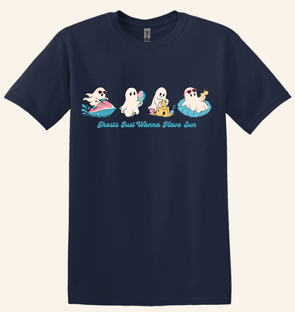 Summer Ghosts Wanna Have Sun Graphic Tee, Halloween beach shirt, unisex fit, XS–3XL, soft cotton blend, funny spooky summer