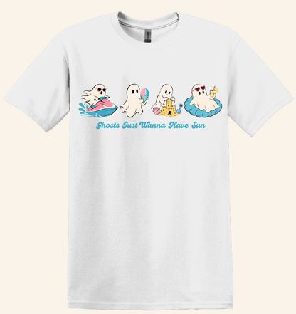 Summer Ghosts Wanna Have Sun Graphic Tee, Halloween beach shirt, unisex fit, XS–3XL, soft cotton blend, funny spooky summer