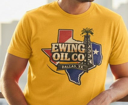 A man wearing a bright yellow t-shirt with a graphic print of the Texas state outline and an oil derrick, featuring the text 'EWING OIL CO. DALLAS, TX'.