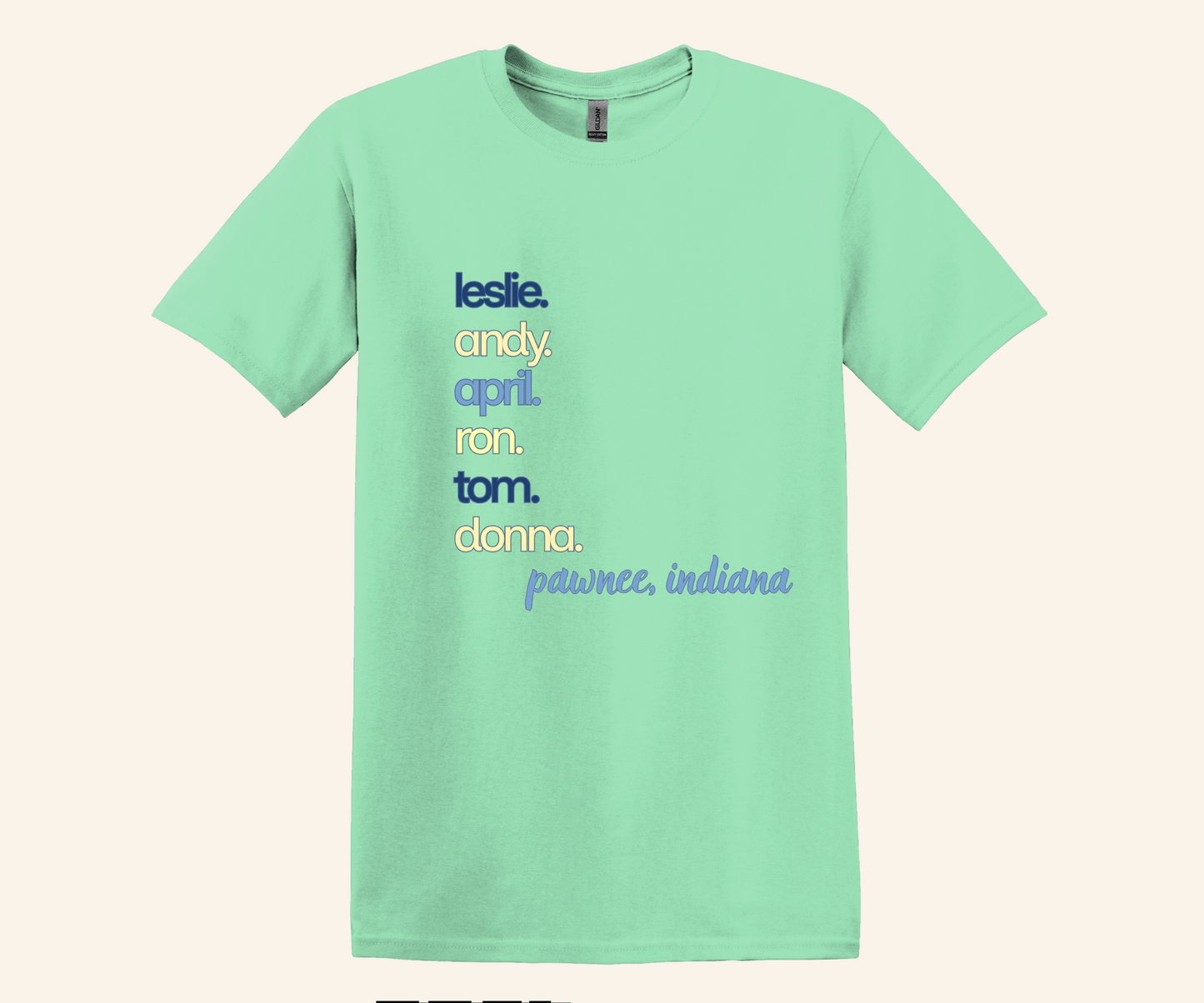Pawnee Indiana Character Stack Fan Tee, unisex fit, sizes XS–3XL, TV series inspired