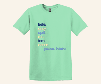 Pawnee Indiana Character Stack Fan Tee, unisex fit, sizes XS–3XL, TV series inspired