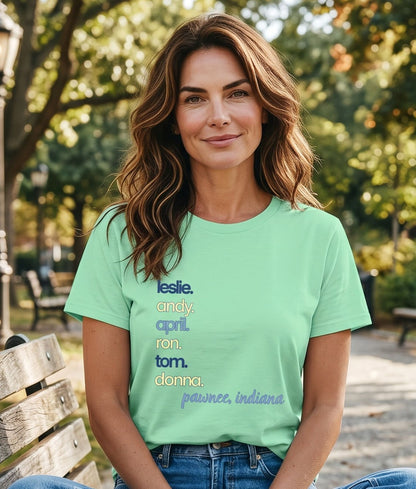 Pawnee Indiana Character Stack Fan Tee, unisex fit, sizes XS–3XL, TV series inspired