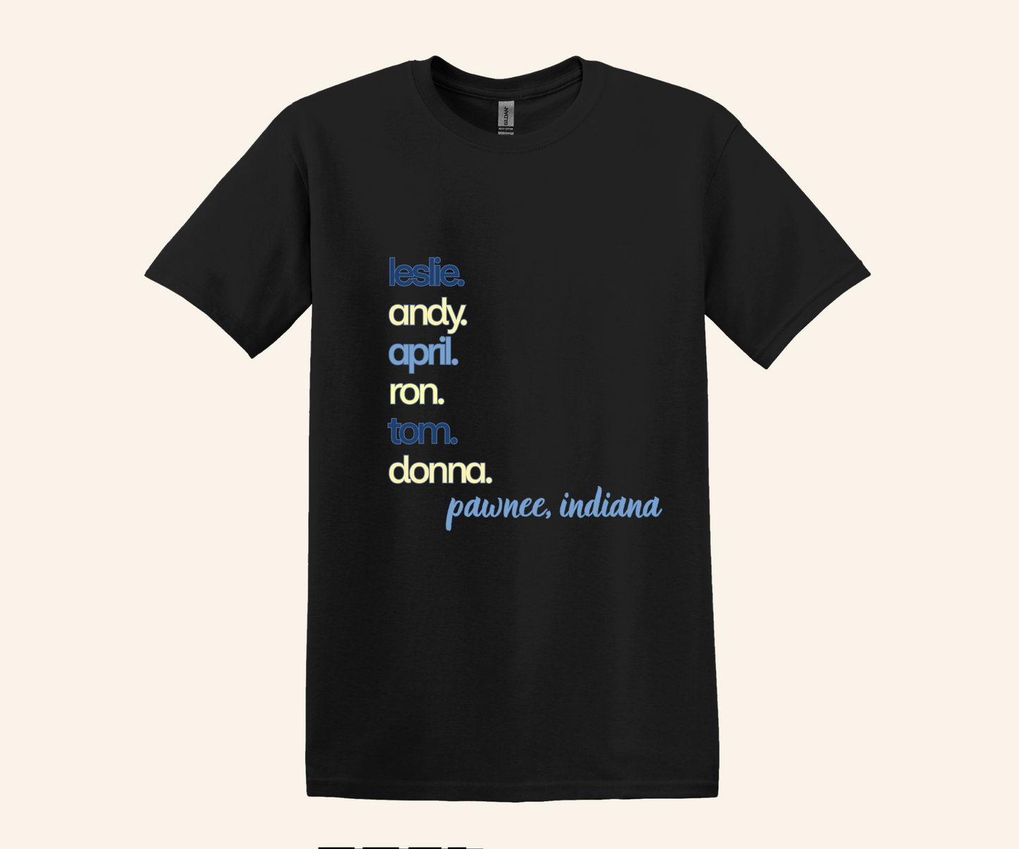 Pawnee Indiana Character Stack Fan Tee, unisex fit, sizes XS–3XL, TV series inspired