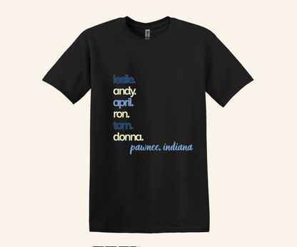 Pawnee Indiana Character Stack Fan Tee, unisex fit, sizes XS–3XL, TV series inspired