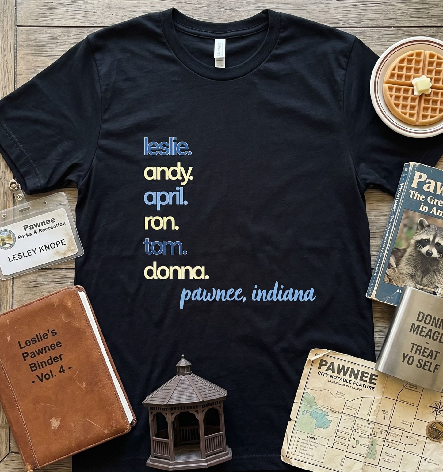 Pawnee Indiana Character Stack Fan Tee, unisex fit, sizes XS–3XL, TV series inspired